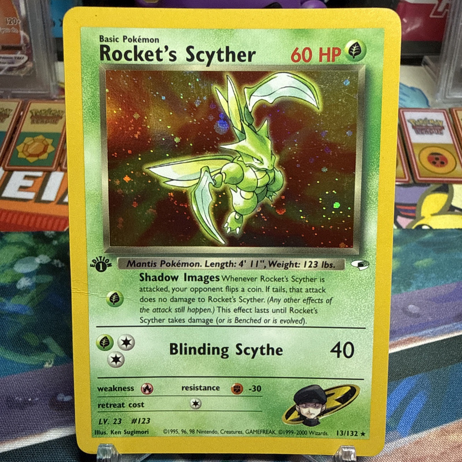Rocket’s Scyther 13/132 Holo Rare, 1st Edition, Gym Heroes, Near Mint Condition