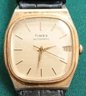 Timex Automatic Vintage Men's 34mm Cushion Gold Tone Date Black Leather Strap