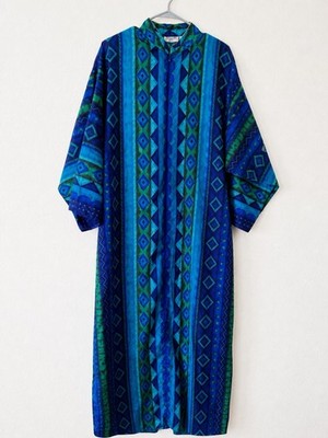 Sante Classics Women M Blue Green Geometric Print Button Front Long Dress Zipper