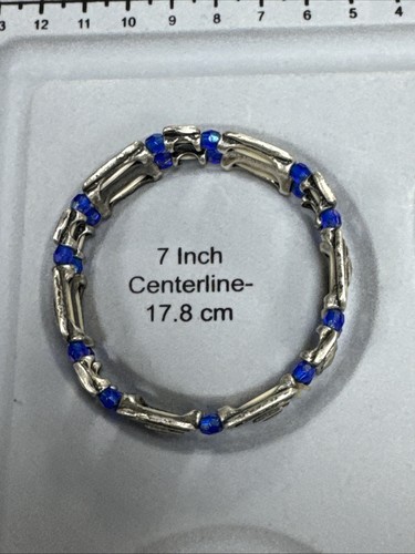 Bracciale Vintage Brutalista Modernariato Metallo Tono Argento Elasticizzato 7” con Blu Sfaccettato - Foto 7 di 10
