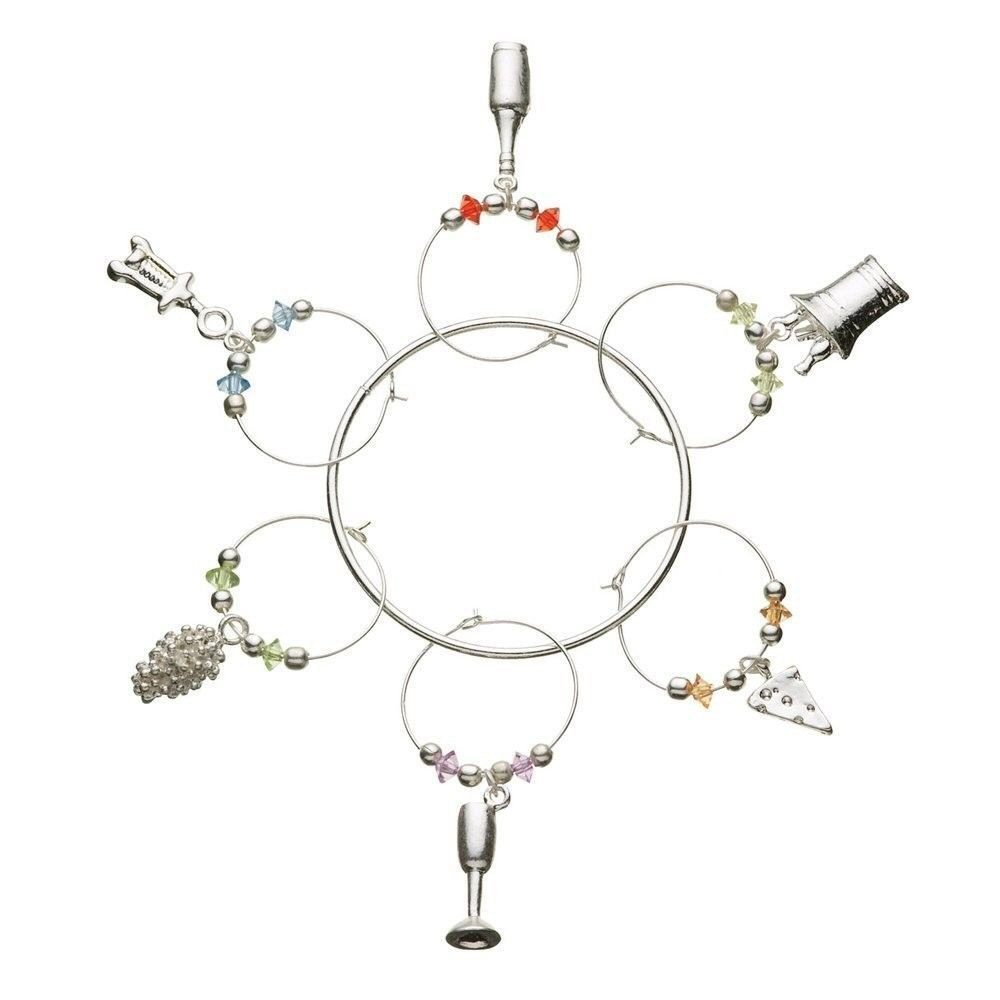 Metalla Solid Pewter Set of 6 Silver Finish Wine & Cheese Charms W