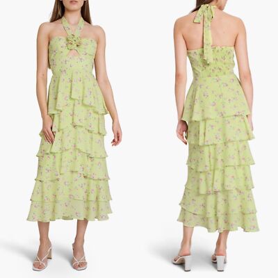 NEW WAYF Lemon DITSY Paloma FLORAL Halter Neck CUTOUT Tiered Skirt MIDI  DRESS | eBay