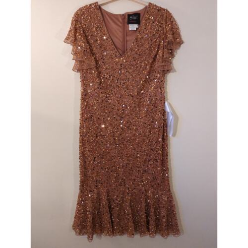 Robe midi neuve Mac Duggal taille 14 rose or rose manches volantes col V paillettes - Photo 3 sur 8