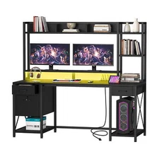 Uforic Computer Desk with Hutch& Led Light, Gaming Desk with Power Outlets