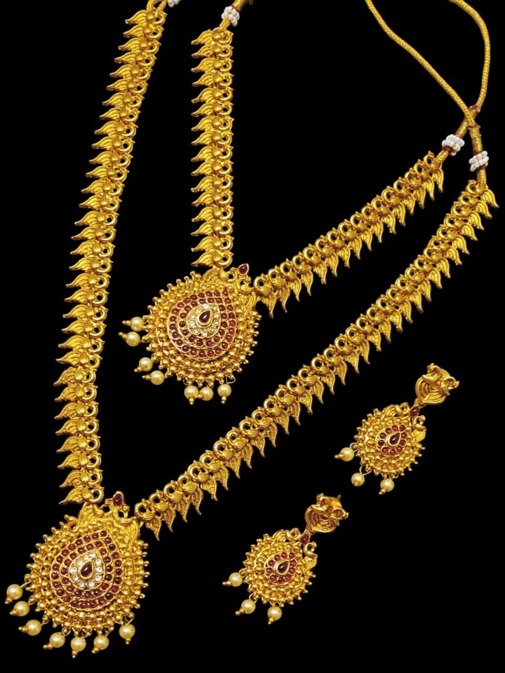 Bollywood Partywear Vergoldet Tempel Designer Schmuck Lang Kombo Halskette Sets