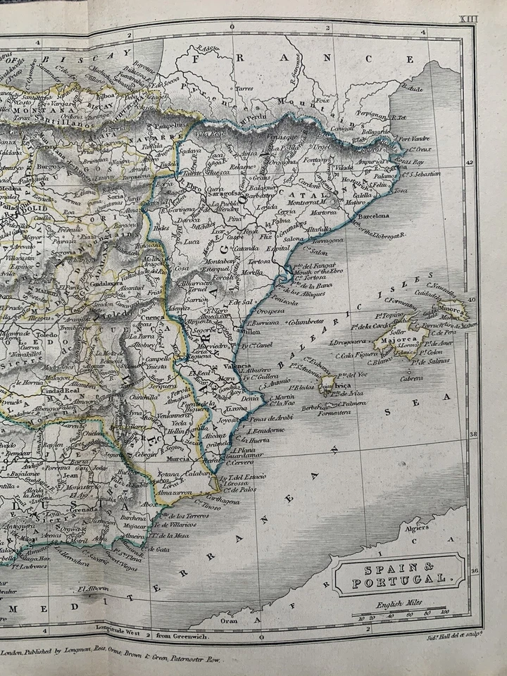 1839 Spain & Portugal Orginal Antique Hand Coloured Map by Sidney Hall - Image 3 of 3