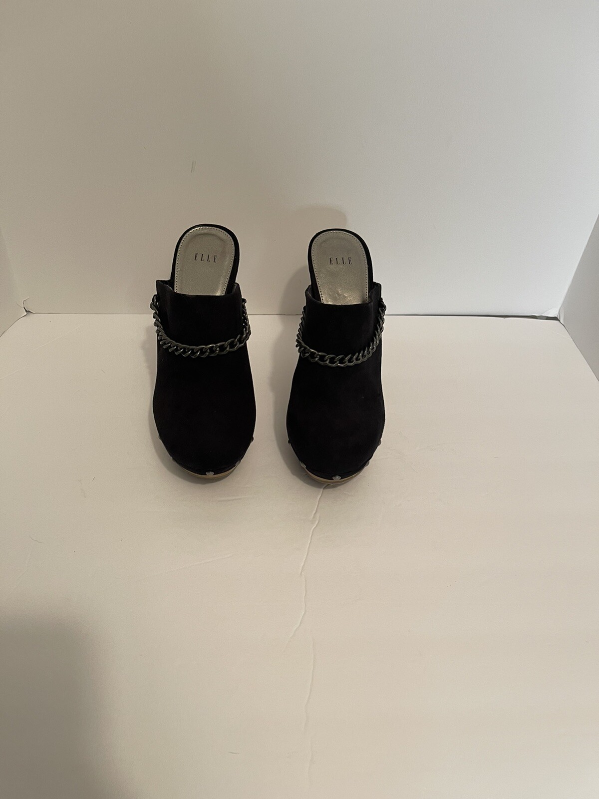 Elle Ilona Black Suede Wood Heel Clogs Size 7.5 Mules 5 Inch Pump-image