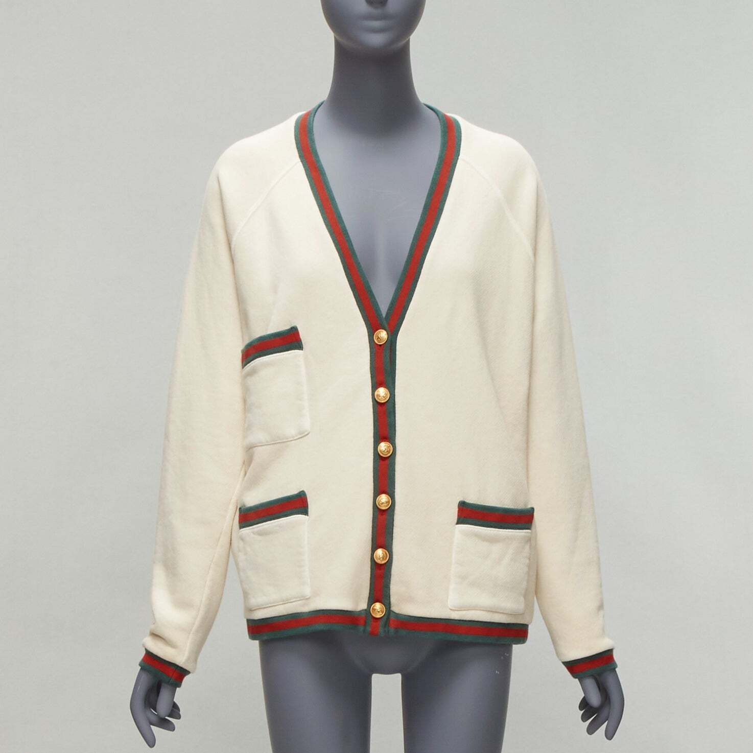 GUCCI Reversible green red web gold GG button oversized cardigan S
