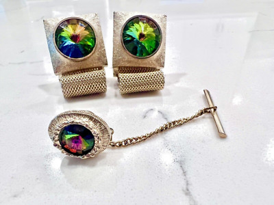 Boutons De Manchette Vintage DANTE - Ton Argent Et Vert - Avec Tie Tac - Modèle 2117 - Occasion