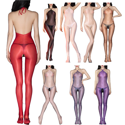 Women's Halter Backless Sheer Bodysuit Stretchy Ultra Thin Bodystocking Jumpsuit