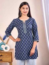Indian Women Blue  White Cotton Floral Printed Top Tunic Kurta Kurti New Dress