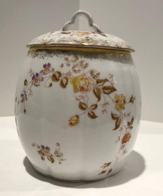 Antique Cookie Jar: 6.25” Leonard Vienna Austria - white w/ yellow flowers &gold