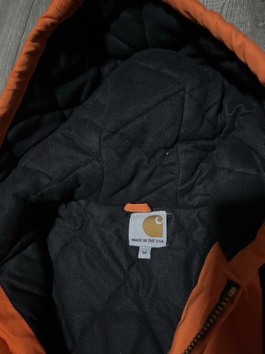VTG 00s Carhartt J140 BLZ Orange Y2K Hooded Blanket Lined Work Jacket Size M - Picture 2 of 8