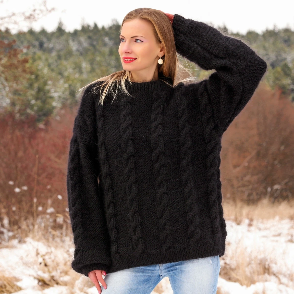 Black thick mohair sweater fuzzy cable knit mohair pullover SUPETANYA size L