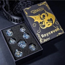 Roycevon Dragon Pattern Liquid Core DND Dice Set, 7Pcs Sharp Edge DandD Dice 