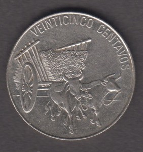 Dominican Republic 1989. 25 Centavos. Two oxen pulling cart. KM# 71.1