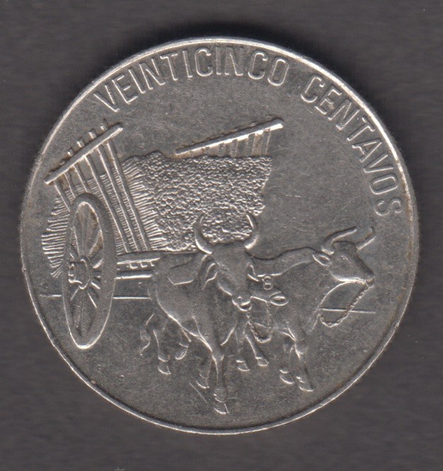 Dominican Republic 1989. 25 Centavos. Two oxen pulling cart. KM# 71.1