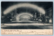 1907 Flint Michigan Vintage Postcard Arches By Night Arch Road Buildings Street
