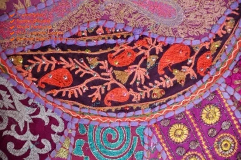 Patchwork Round Floor Pillow Indian Handmade Vintage Cushion Cover Throw - Image 4 of 4