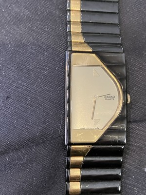 Seiko Half Moon Watch Women Black Gold Rectangle Abstract