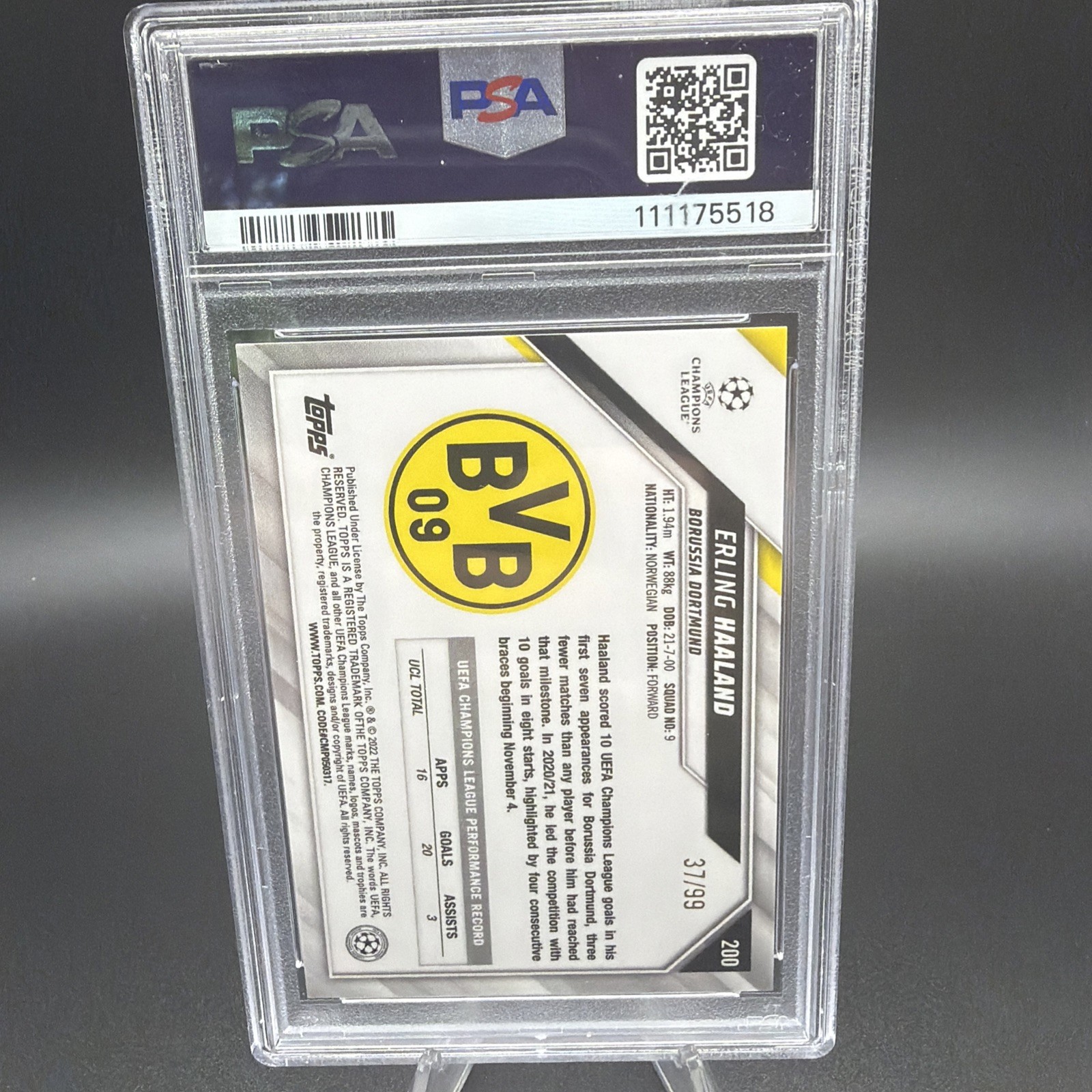 2021-22 Topps Chrome Sapphire Yellow Erling Haaland PSA 10 GEM MINT Color Match view 2