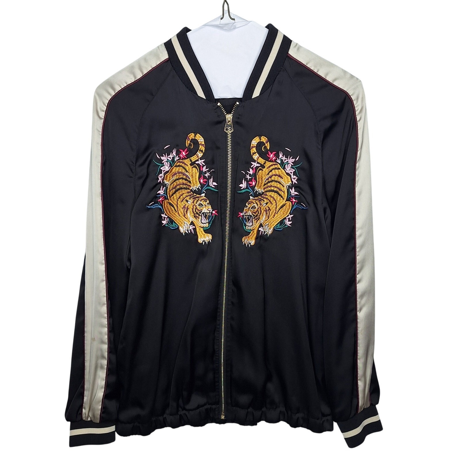 H&M Satin Souvenir Bomber Jacket 6 Embroidered Tiger Floral Chinoiserie Tumblr