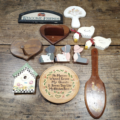 Vintage Country Folk Art Wooden Cutout Lot Geese Hearts Welcome Kitchen Rooster