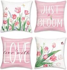 Bonhause Spring Floral Throw Pillow Covers 18 x 18 Inch Pink Tulips Flower-1 