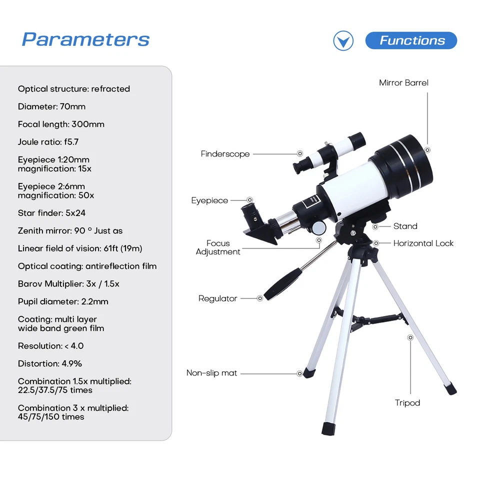 Telescopio astronómico 300 mm 150X con adaptador de teléfono trípode visualización HD para niños Foto 3 de 4