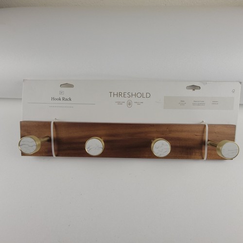 Wood and Faux Marble 4 Gold Hooks Rail on Acacia Wood - Threshold™: Wall Mount.