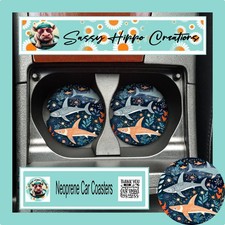 Car Coasters Sharks Abstract Ocean Beach Sea Set 2 Neoprene Absorbent Sublimated