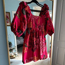 Farm Rio Red Pink Floral Smocked Square Neck Puff Sleeve Mini Dress Size M