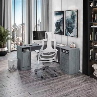 60 In. L-Shaped Gray 2 Drawer Computer Desk with Built-In Storage