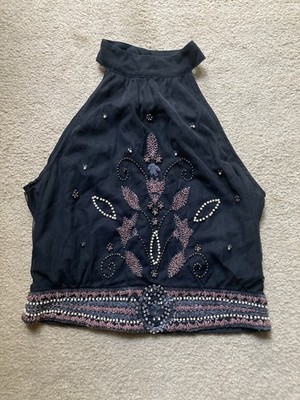 Vintage Y2K French Connection Black Beaded Halter Top Size 8 - Free Shipping