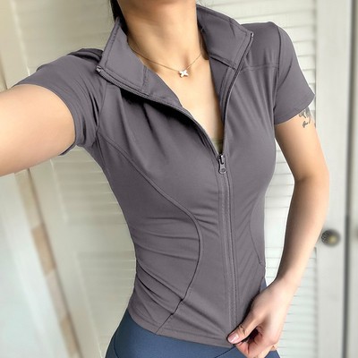 Tight T-Shirt Zipper Yoga Clothing Women Quick-Drying Sports Short-Sleeved Stand