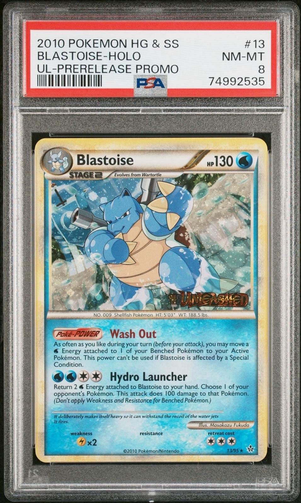BLASTOISE 2010 POKEMON HG & SS UNLEASHED HOLO PRERELEASE STAMP PROMO 13/95 PSA 8