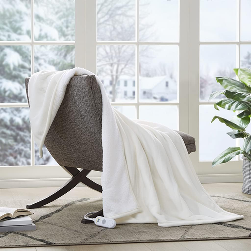Reversible Heated Throw Blanket - Fleece/Sherpa, Fast Heating, Ivory 50"x60"