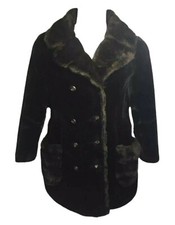 Vtg Women's Black MOUTON Lamb Double Breasted Reefer Pea Coat Fur Jacket Sz M