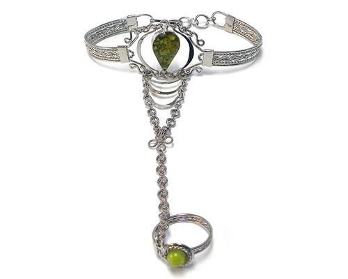 Teardrop Crushed Chip Stone Orgonite Silver Metal Cuff Harem Bracelet with Ring - Picture 16 of 16