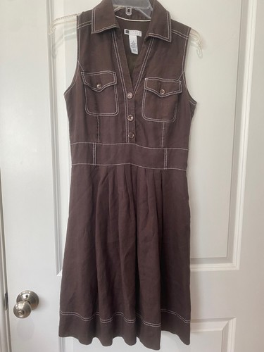 Carole Little Linen Brown Sleeveless Button A-line Collared Dress, 10, P2P 18”