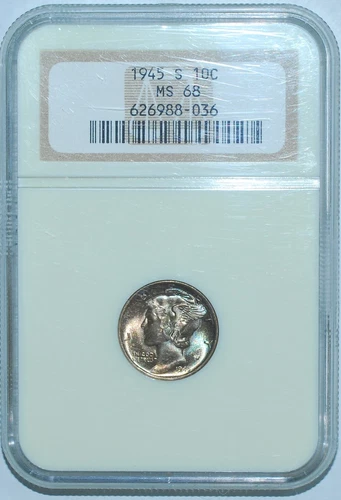 1945 S NGC MS68 Mercury Dime Great Color