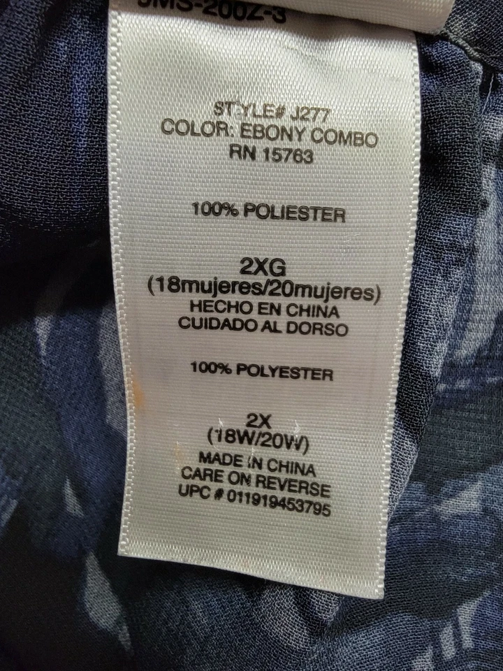 Camisa blusa Just My Size para mujer talla 2X 18W/20W negra azul gris floral Foto 3 de 4