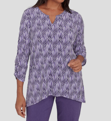 Alfred Dunner Women's Purple Monotone Diamond V-Neck Blouse Top Petite Size PM