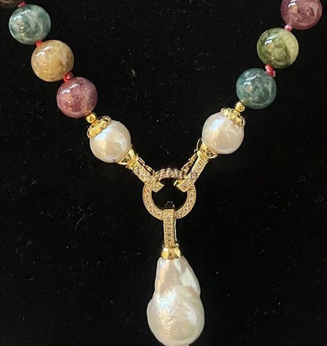 Multicolor Tourmaline Round Gems Bead White Keshi Baroque Pearl Pendant Necklace - Picture 5 of 13