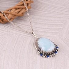925 Sterling Silver Pendent & Necklace Party Wear Jewelry With Larimar Gemstone