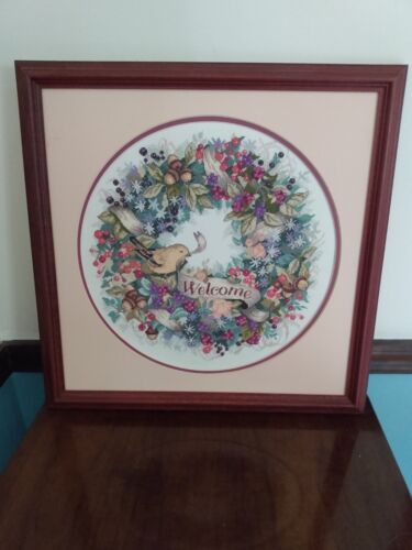 Framed & Completed DIMENSION Berry Wreath Welcome Cross Stitch Martha Edwards  - Picture 1 of 12