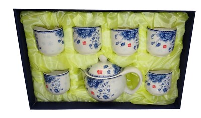 Japanischer Teesatz Teeset blau weiß 6 Teetassen 1 Teekanne KungFu Keramik Blume