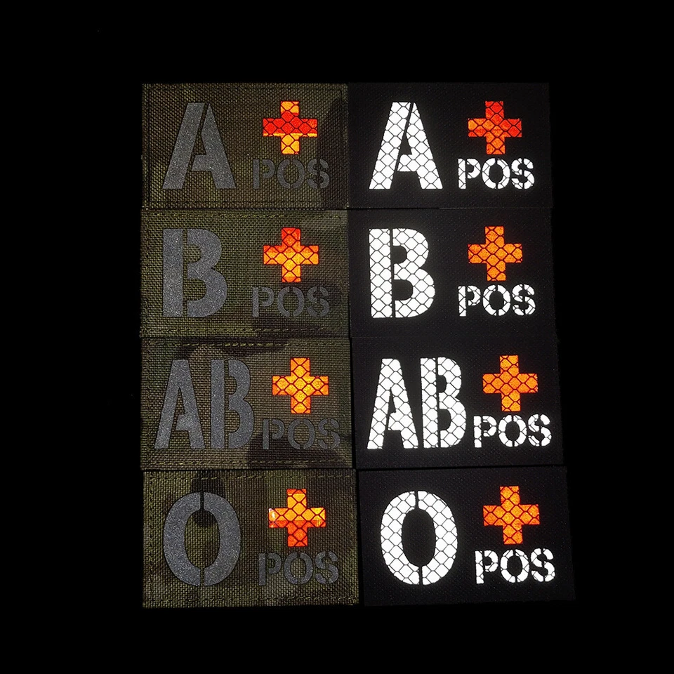 IR Reflective Blood Type A+ B+ AB+ O+ POS Medical Hook Loop Patch Fastener Badge - Image 3 of 4