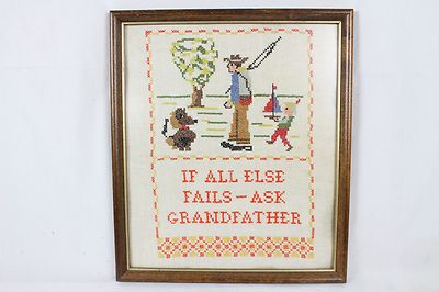 Vintage Fishing Grandfather Stitched Sampler Needlework Cabin Decor Rare Anitque