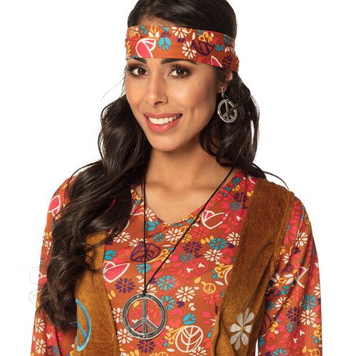 Peace Kette und Ohrringe Hippie Set 70er Jahre Kostüm Zubehör Flower Power WoW - Bild 5 von 6
